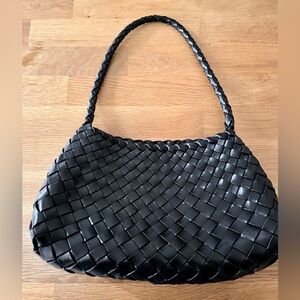 Black Handwoven Leather Shoulder Bag w/ Detachable Pouch